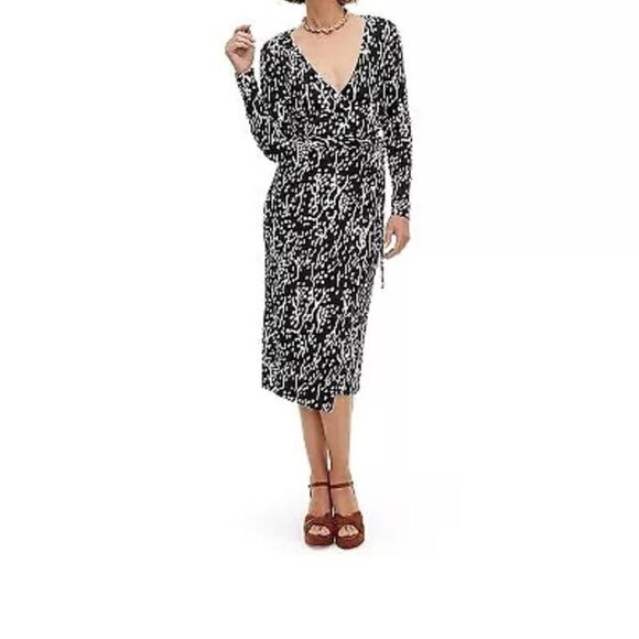 🆕👗DVF Long Sleeve Midi Wrap Dress - Sea Spots Black - Picture 1 of 3
